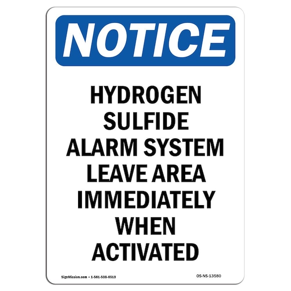 Signmission OSHA Notice Sign, 18" Height, Rigid Plastic, Hydrogen Sulfide Alarm System Sign, Portrait OS-NS-P-1218-V-13580 - main